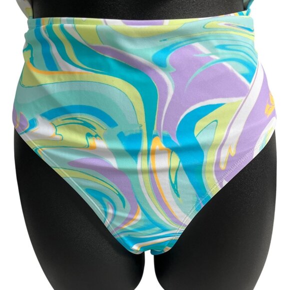 Ninety-Nine Blue Multicolor pattern Ruched Front Cutout One-Piece Swimsuit Sz L - Picture 3 of 8